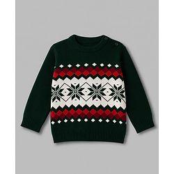 Babyhug Knit Full Sleeves Sweater Set with Geometric Design - Dark Green