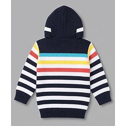 Babyhug Knit Full Sleeves Striped Hooded Sweater Set - Navy Blue
