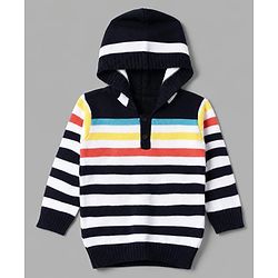 Babyhug Knit Full Sleeves Striped Hooded Sweater Set - Navy Blue