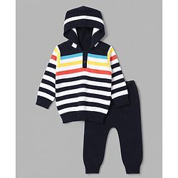 Babyhug Knit Full Sleeves Striped Hooded Sweater Set - Navy Blue