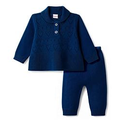 Babyhug Knit Full Sleeves Solid Colour Polo Neck Sweater Set - Navy Blue