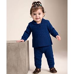 Babyhug Knit Full Sleeves Solid Colour Polo Neck Sweater Set - Navy Blue