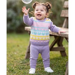 Babyhug Knit Full Sleeves  Sweater Set With Heart Design - Lavender