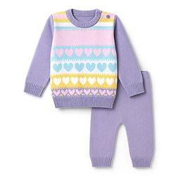 Babyhug Knit Full Sleeves  Sweater Set With Heart Design - Lavender