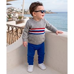 Babyhug Knit Full Sleeves Striped Sweater Set - Grey