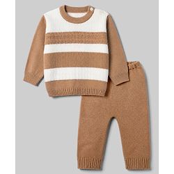 Babyhug Knit Pullover and Pant Sweater Set with Full Sleeves and Striped Pattern - Brown