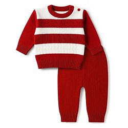 Babyhug  Knit Full Sleeves Striped Sweater Set - Rust Orange