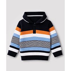 Babyhug Knit Full Sleeves Sweater Set With Full Length and Striped Design in Navy Blue