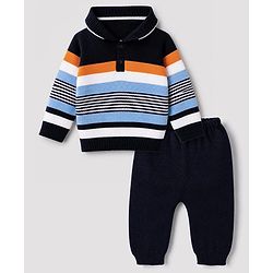 Babyhug Knit Full Sleeves Sweater Set With Full Length and Striped Design in Navy Blue