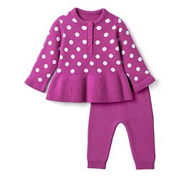 Babyhug Knit Full Sleeves Sweater Set with Polka Dots - Pink