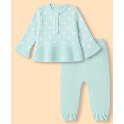 Babyhug Knit Full Sleeves Sweater Set with Polka Dots Design - Sea Green