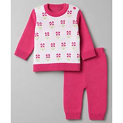 Babyhug Knit Full Sleeves Sweater Set with Floral Design - Pink