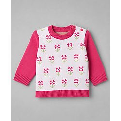 Babyhug Knit Full Sleeves Sweater Set with Floral Design - Pink