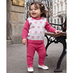 Babyhug Knit Full Sleeves Sweater Set with Floral Design - Pink
