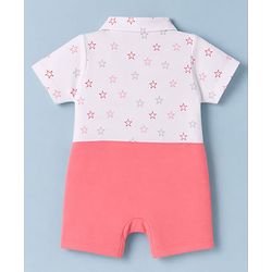 Babyhug 100% Cotton Interlock Knit Half Sleeves Romper With Star Print & Bow Applique - Pink