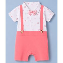 Babyhug 100% Cotton Interlock Knit Half Sleeves Romper With Star Print & Bow Applique - Pink