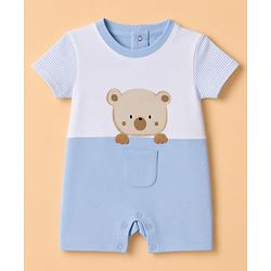 Babyhug 100% Cotton Interlock Knit Half Sleeves Romper With Teddy Bear Print - White