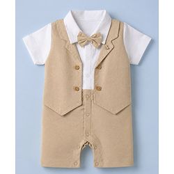 Babyhug 100% Cotton Interlock Knit Half Sleeves Party Wear Romper With Bow - Beige