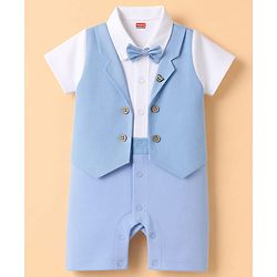 Babyhug Interlock Woven Half Sleeves Partywear Romper With Attached Waistcoat & Bow - Light Blue
