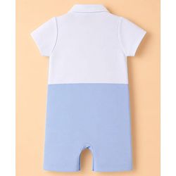 Babyhug Interlock Woven Half Sleeves Partywear Romper With Attached Waistcoat & Bow - Light Blue