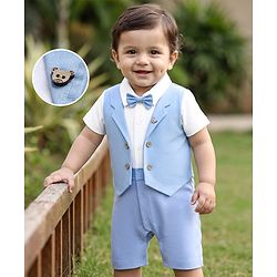 Babyhug Interlock Woven Half Sleeves Partywear Romper With Attached Waistcoat & Bow - Light Blue