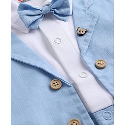 Babyhug Interlock Woven Half Sleeves Partywear Romper With Attached Waistcoat & Bow - Light Blue