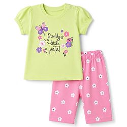 Babyhug 100% Cotton Knit Half sleeves T-Shirt & Capri Night Suit With Floral & Text Print - Green