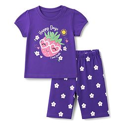 Babyhug 100% Cotton Knit Half sleeves T-Shirt & Capri Nightsuit with Strawberry & Flower Print - Violet