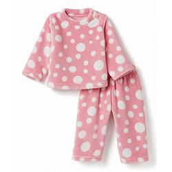 Babyhug Knit Full Sleeves Co-Ords T-Shirt & Pyjama Winter Nightsuit with Polka Dots Design - Pink