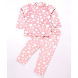Babyhug Knit Full Sleeves Co-Ords T-Shirt & Pyjama Winter Nightsuit with Polka Dots Design - Pink