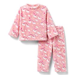 Babyhug Cotton Knit Full Sleeves Co-Ords T-Shirt & Pyjama Winter Wear Night Suit with Rainbow Print  - Pink
