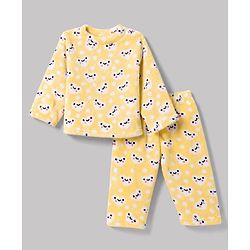 Babyhug Cotton Knit Full Sleeves Co-Ords T-Shirt & Pyjama Winter Night Suit with Heart Design - Yellow