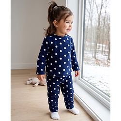 Babyhug Cotton Knit Full Sleeves Co-Ords T-Shirt & Pyjama Winter Wear Night Suit with Polka Dots Print - Navy Blue