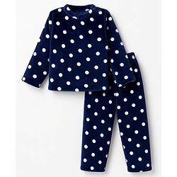 Babyhug Cotton Knit Full Sleeves Co-Ords T-Shirt & Pyjama Winter Wear Night Suit with Polka Dots Print - Navy Blue