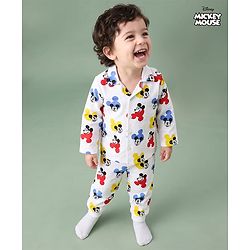 Babyhug Disney Single Jersey Knit Full Sleeves Co-Ords Shirt & Pyjama Nightsuit with Mickey Mouse Graphic - White