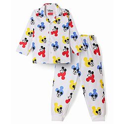 Babyhug Disney Single Jersey Knit Full Sleeves Co-Ords Shirt & Pyjama Nightsuit with Mickey Mouse Graphic - White