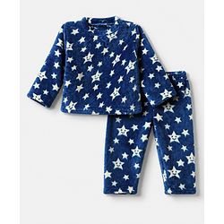 Babyhug Cotton Knit Full Sleeves Co-Ords T-Shirt & Pyjama Winter Wear Night Suit with Rainbow & Star Print - Blue
