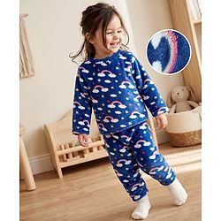 Babyhug Cotton Knit Full Sleeves Co-Ords T-Shirt & Pyjama Winter Wear Night Suit with Rainbow & Star Print - Blue