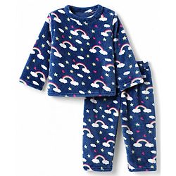 Babyhug Cotton Knit Full Sleeves Co-Ords T-Shirt & Pyjama Winter Wear Night Suit with Rainbow & Star Print - Blue