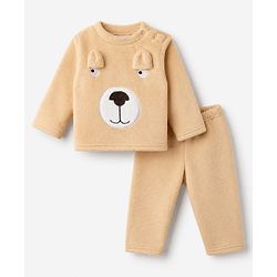 Babyhug Velour Full Sleeves T-Shirt & Pajama Winter Night Suit with Bear Print & Applique - Brown