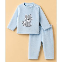 Babyhug Cotton Mixes Velour Knit Full Sleeves T-Shirt & Pajama Night Suit with Raccoon Patch - Blue