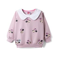 Babyhug Disney 100% Cotton Terry Knit Full Sleeves Peter-Pan Collar T-Shirt and Jogger with Minnie Mouse Print & Patch - Pink