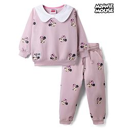 Babyhug Disney 100% Cotton Terry Knit Full Sleeves Peter-Pan Collar T-Shirt and Jogger with Minnie Mouse Print & Patch - Pink
