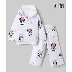 Babyhug Disney 100% Cotton Knit Full Sleeves Hooded Co-Ords T-Shirt & Pant Set With Minnie Mouse Graphics - White