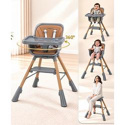 Babyhug Zenith High Chair 360° Rotating Seat - Dark Grey| Adjustable Height & Footrest| Removable Double Food Tray| PU Cushion| Anti-Slip Base| 6 Months+ | Convert to Adult Stool| Safety Harness