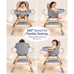Babyhug Zenith High Chair 360° Rotating Seat - Dark Grey| Adjustable Height & Footrest| Removable Double Food Tray| PU Cushion| Anti-Slip Base| 6 Months+ | Convert to Adult Stool| Safety Harness