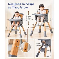 Babyhug Zenith High Chair 360° Rotating Seat - Dark Grey| Adjustable Height & Footrest| Removable Double Food Tray| PU Cushion| Anti-Slip Base| 6 Months+ | Convert to Adult Stool| Safety Harness