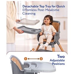 Babyhug Zenith High Chair 360° Rotating Seat - Dark Grey| Adjustable Height & Footrest| Removable Double Food Tray| PU Cushion| Anti-Slip Base| 6 Months+ | Convert to Adult Stool| Safety Harness