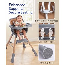 Babyhug Zenith High Chair 360° Rotating Seat - Dark Grey| Adjustable Height & Footrest| Removable Double Food Tray| PU Cushion| Anti-Slip Base| 6 Months+ | Convert to Adult Stool| Safety Harness