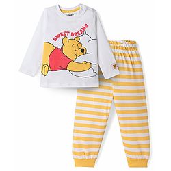 Babyhug Disney Single Jersey Knit Full Sleeves T-Shirt & Striped Pyjama Nightsuit with Winnie The Pooh Graphic - White
